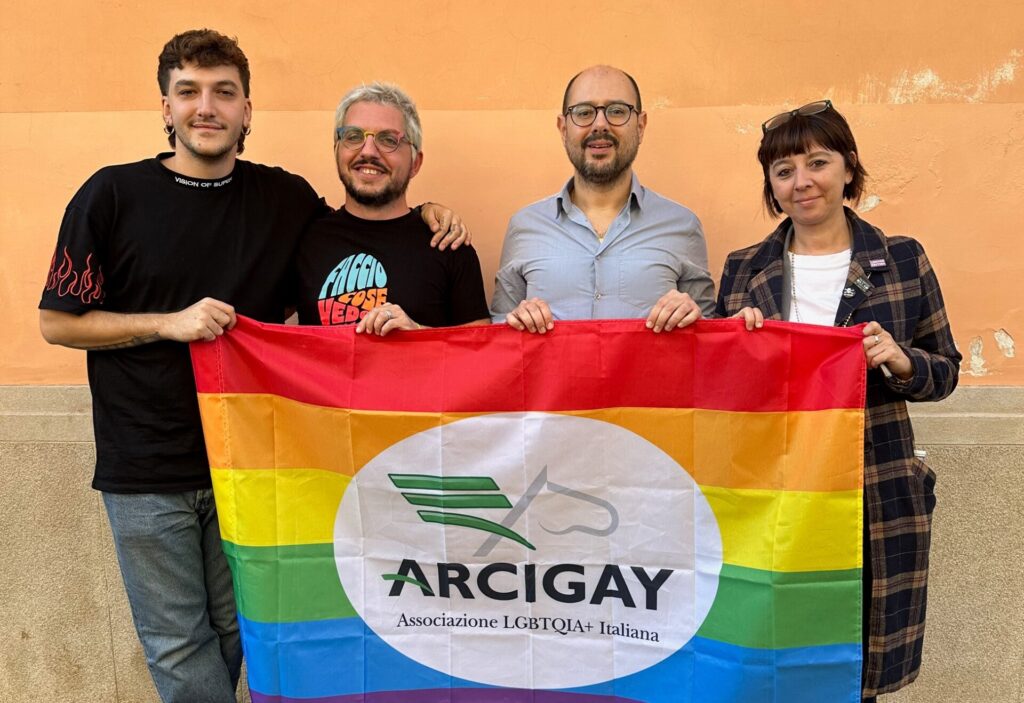 Pietro Turano, attore e consigliere di Arcigay Roma, Giulio Gasperini, presidente di Arcigay Valle d'Aosta, Claudio Tosi, responsabile Cultura di Arcigay nazionale e Simona Iovane, consigliera di Arcigay L'Aquila.