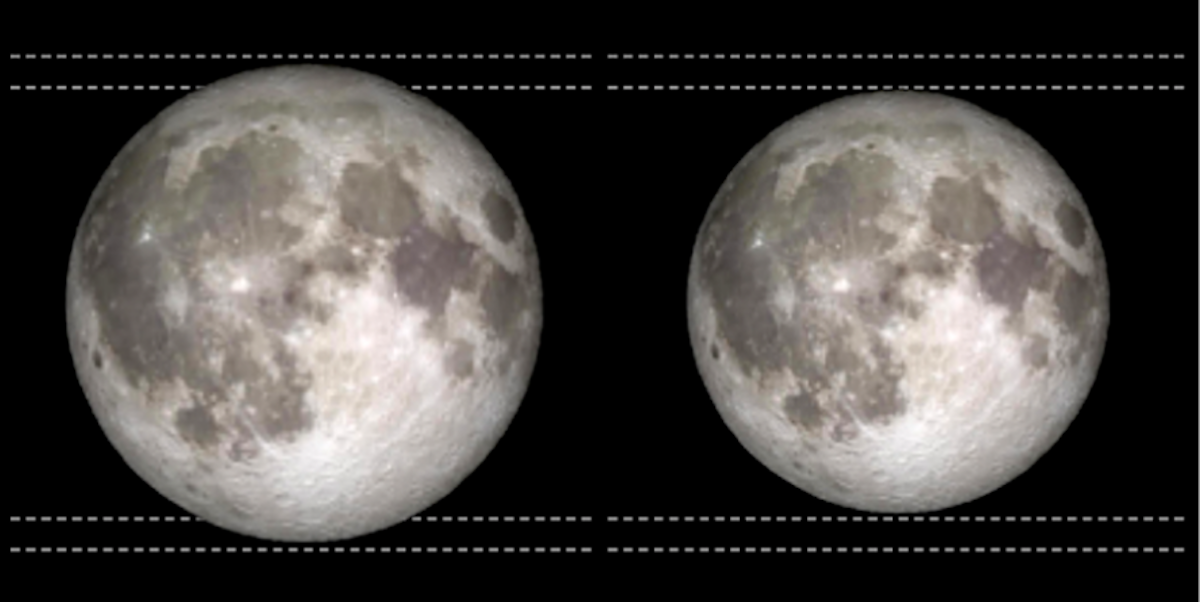 Confronto tra i diametri apparenti della Superluna (a sinistra) e della Luna alla distanza media dal nostro pianeta (a destra). Credit: immagini simulate della Luna di Tom Ruen; confronto realizzato da Dominic Ford per il sito In-The-Sky.org ; elaborazione grafica di Andrea Bernagozzi