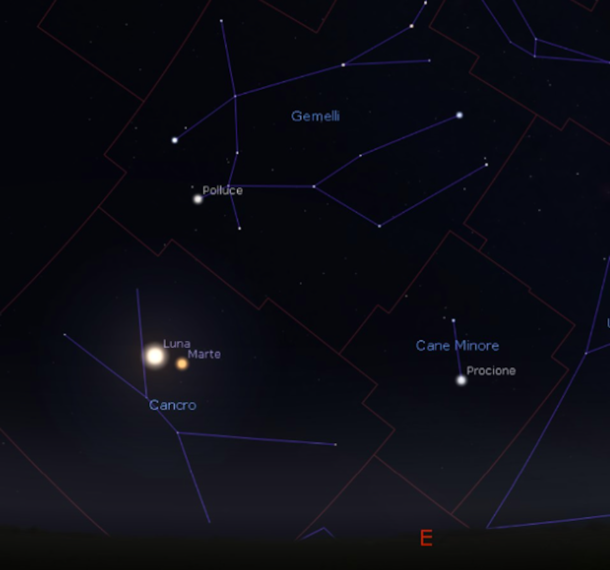 La congiunzione tra Luna e Marte nella costellazione del Cancro la sera del 20 novembre attorno alle 22.30. Immagine generata con il software Stellarium