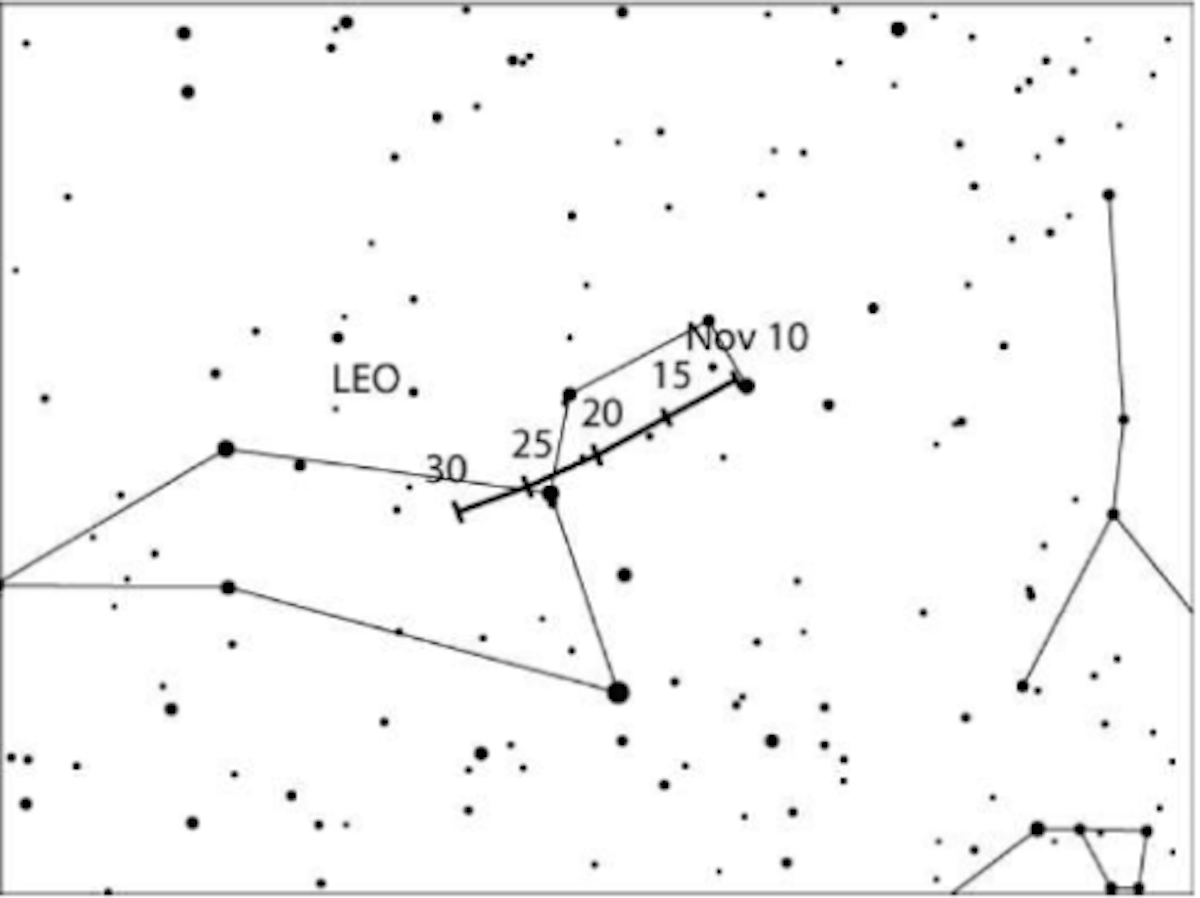 La posizione del radiante delle Leonidi nella costellazione del Leone. Credit: Meteor Shower Calendar