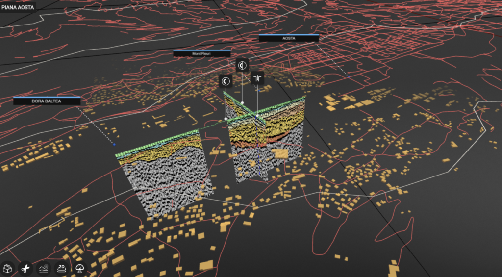 La visione 3D del sottosuolo con le varie unità geologiche/geofisiche individuate dalle indagini geofisiche. In particolare la linea nera che separa il settore inferiore grigio da quelli superiori gialli e arancioni, indica il probabile andamento del substrato roccioso su cui poggiano i depositi alluvionali e lacustri e (forse) glacial. All’incrocio tra le due sezioni sarà realizzato il sondaggio verticale (simbolo Image).