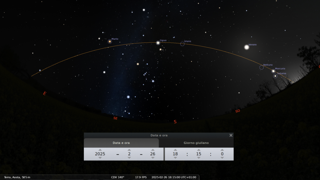 La disposizione teorica dei pianeti alle ore 18.15 di mercoledì 26 febbraio, come apparirebbe senza atmosfera. Quisotto, invece, come apparirà il cielo con il crepuscolo non ancora terminato. Immagini generate con il software Stellarium.