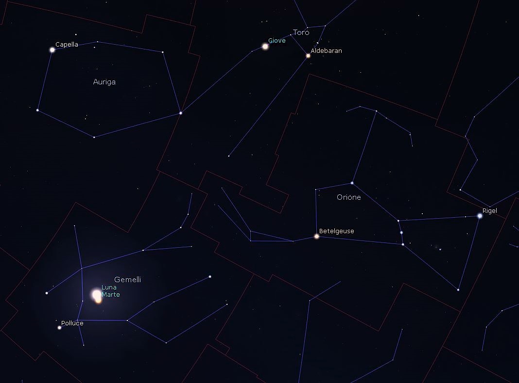 La spettacolare congiunzione tra Luna e Marte nella costellazione dei Gemelli del 9 febbraio in una zona di cielo riccadi stelle. Immagine generata con il software Stellarium