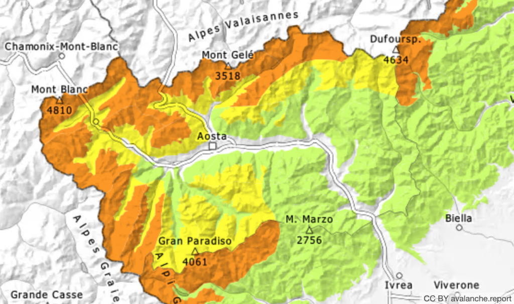 Pericolo valanghe marcato in Valle d’Aosta