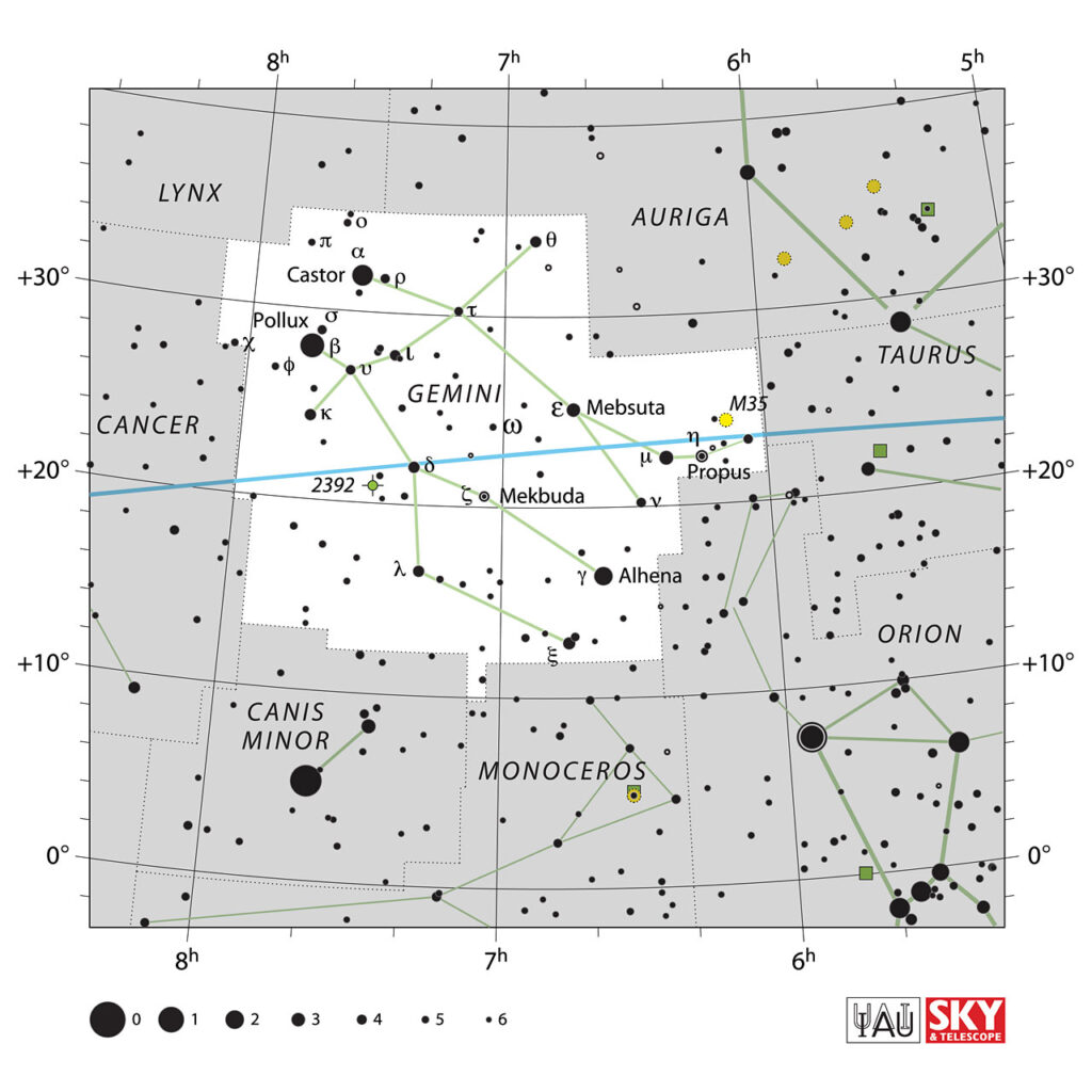 La costellazione dei Gemelli.Credit: IAU and Sky & Telescope