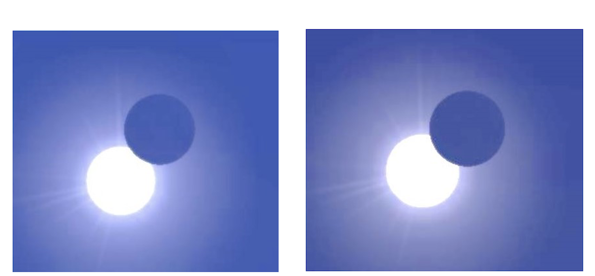 Ecco come apparirà il Sole durante la fase massima dell’eclisse del 29 marzo. Nella prima immagine come verrà vista da una località al centro Italia, nella seconda dall’Osservatorio Astronomico della Regione Autonoma Valle d’Aosta. Elaborazione con software Stellarium