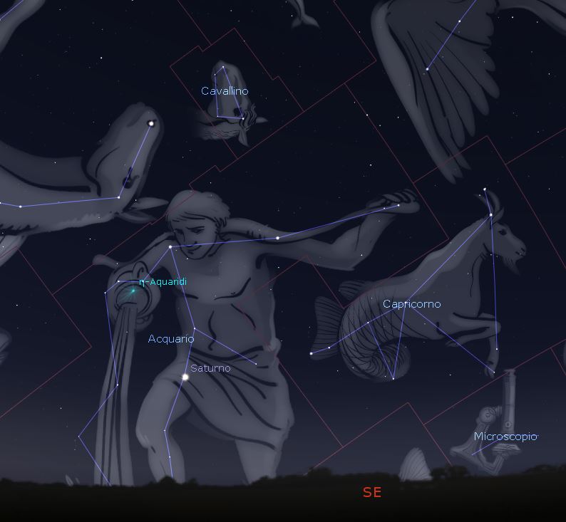 Il radiante delle Eta Aquaridi (segnalato da una piccola icona azzurra nell’ovale) alto sopra l’orizzonte sud est una ventina di gradi alle 5.00 (ora civile) del 6 maggio. Immagine generata con il Software Stellarium.