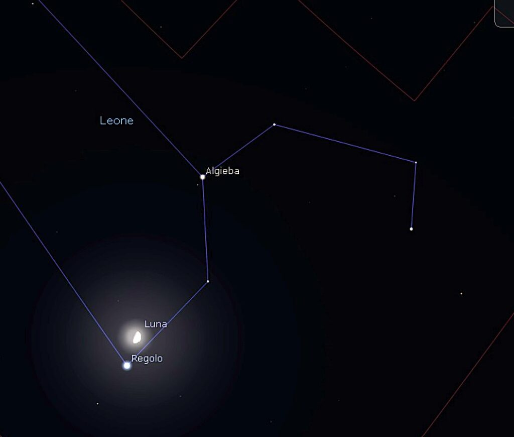 La spettacolare congiunzione tra Luna e Regolo, la stella più brillante della costellazione del Leone, la sera del 5 maggio attorno alle ore 22.30. Immagine generata con il software Stellarium.
