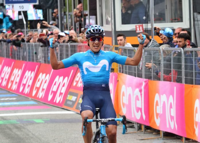 Richard Carapaz in trionfo a Courmayeur: con il suo assolo al colle San Carlo l'ecuardoregno vinse l'edizione 2019 del Giro d'Italia