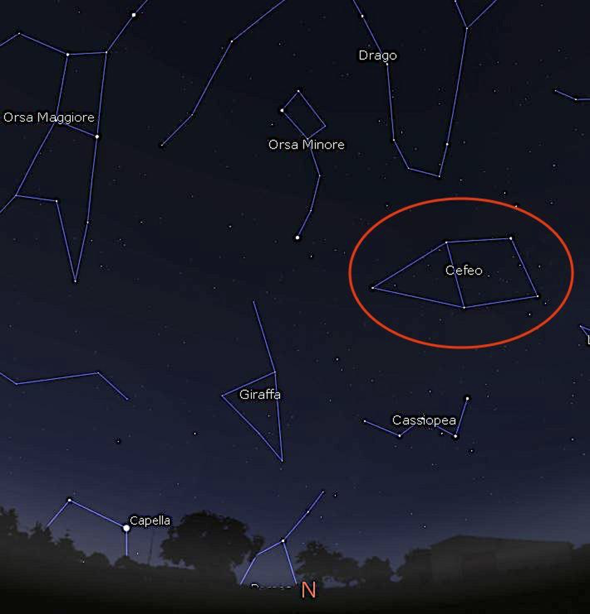 La posizione della costellazione circumpolare del Cefeo il 15 giugno alle 23.00 di ora legale estiva. Immagine generata con il software Stellarium