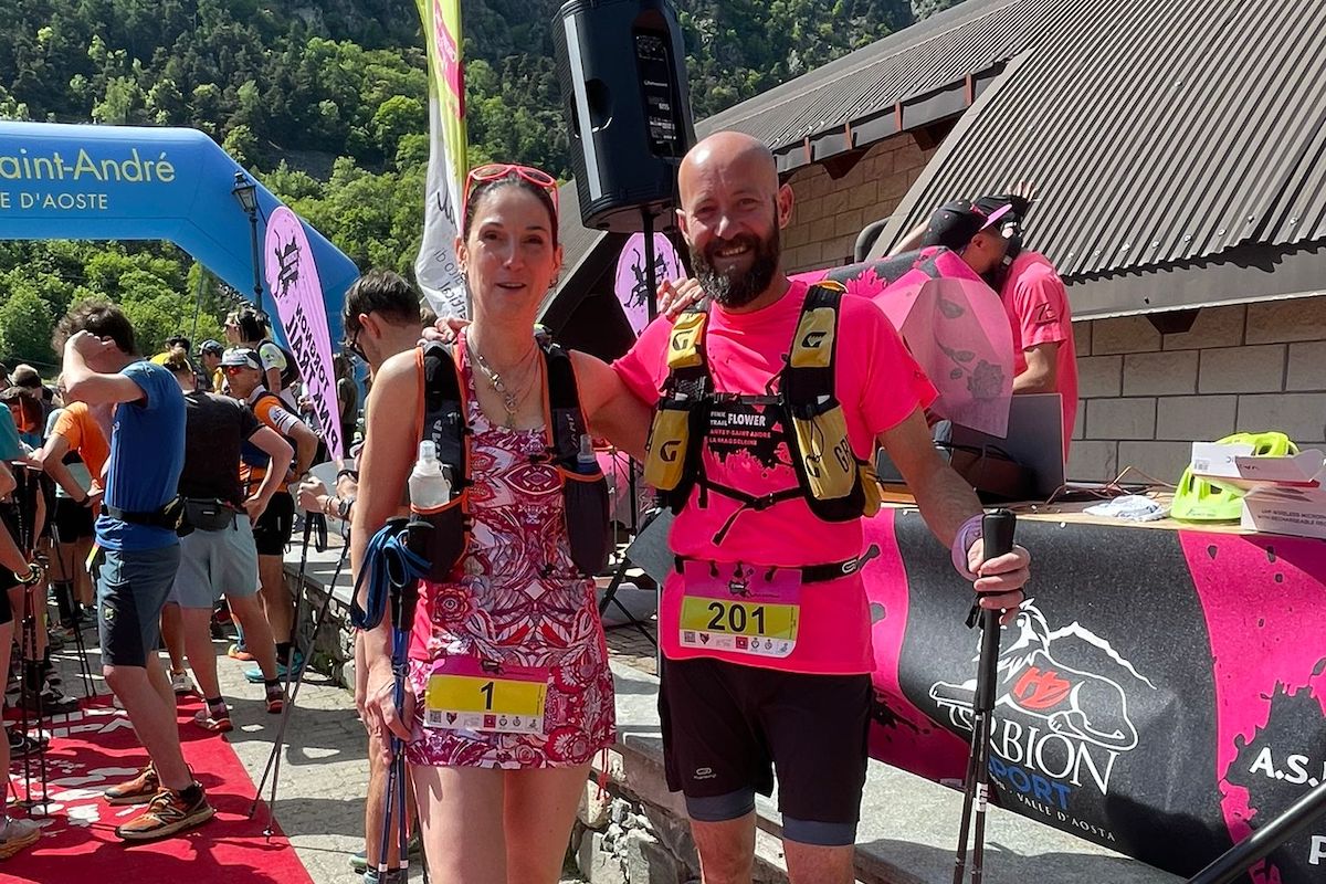 Nicole Chatrian, sindaca di Antey, ed il Primo cittadino de La Magdeleine Mauro Duroux al Pink Trail Flower