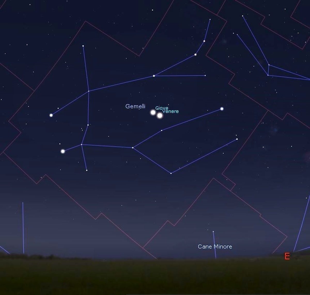 Giove e Venere al massimo avvicinamento. L’immagine, che rappresenta i pianeti visibili all’alba del 12 agosto attorno alle 5.00 di mattino, è stata generata con il software Stellarium