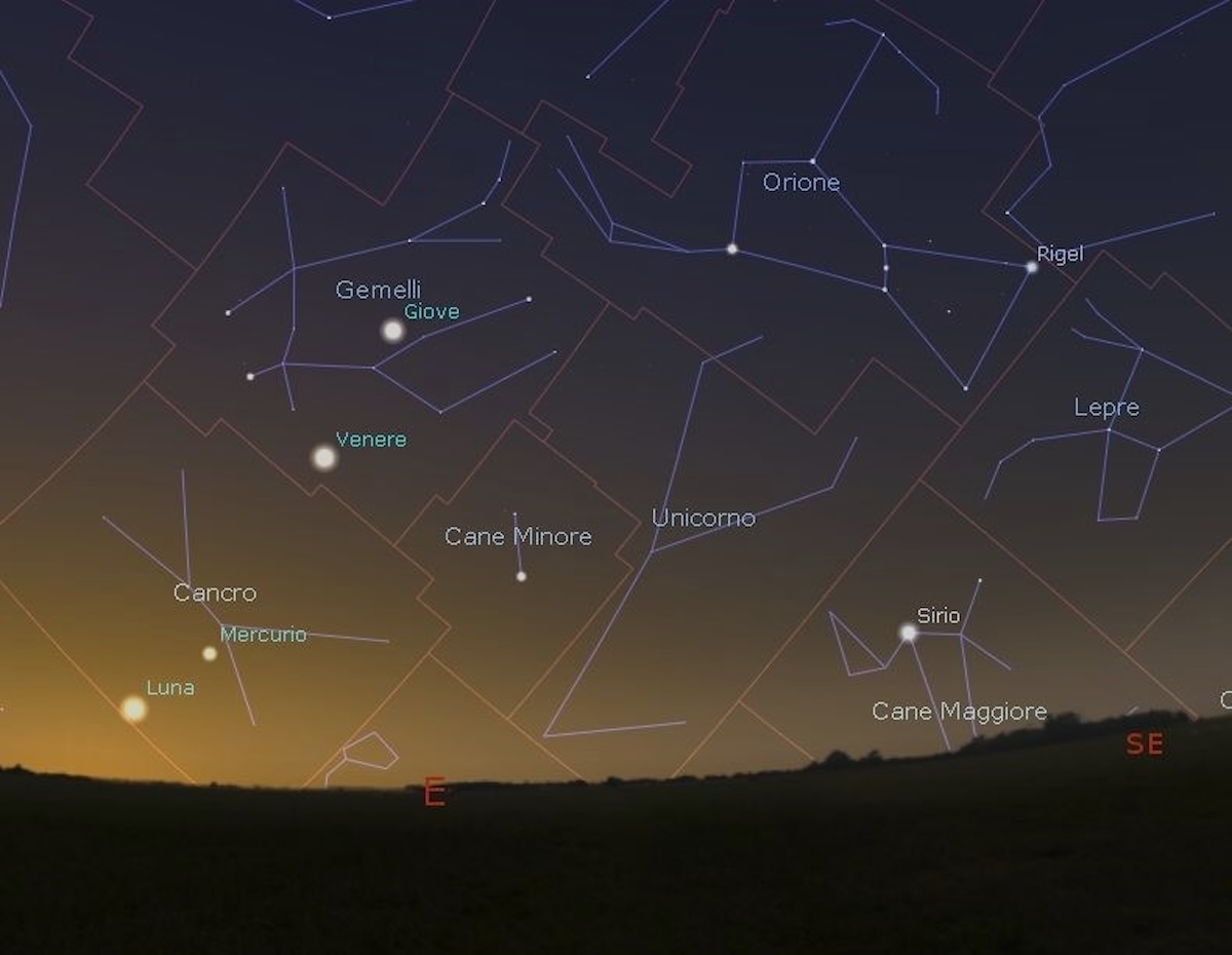 La spettacolare configurazione della Luna con i pianeti Mercurio, Venere e Giove all’alba del 22 agosto. Immagine creata con il software Stellarium