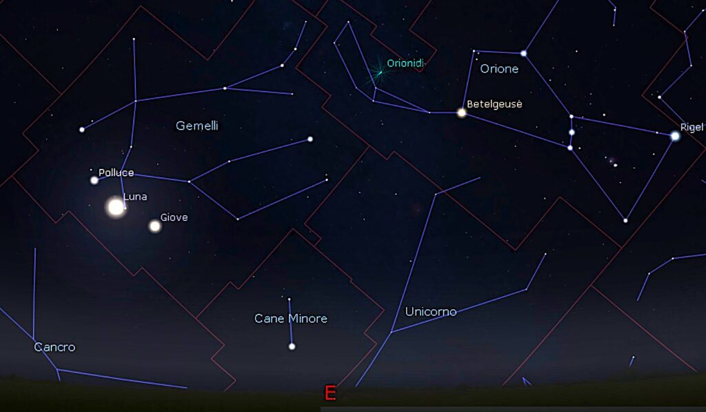 L’immagine ritrae la spettacolare configurazione visibile dopo la mezzanotte tra il 13 e il 14 ottobre, con la Luna vicinaa Giove e ai due Gemelli, le stelle Castore e Polluce. Si noti la bellezza del contesto, con la costellazione di Orione a breve distanza che sembra “salutare” il quartetto di oggetti. Immagine generata con il software Stellarium.