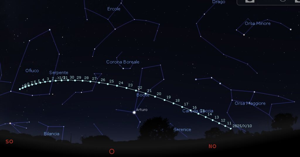 Posizione della cometa C/2025 R2 (SWAN) dal 6 al 31 ottobre (la cometa è indicata dai cerchietti gialli). L’immaginemostra la situazione del cielo attorno alle 20.00. Immagine generata con il software Stellarium.