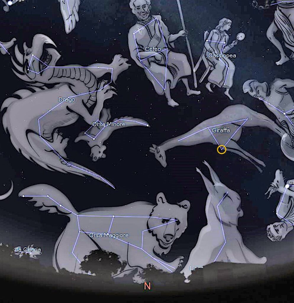 Aspetto del cielo verso nord attorno alle ore 22.00 di metà ottobre. È visibile a destra della Stella polare (all’estremità del Piccolo carro) la costellazione della Giraffa o Camelopardus: indicata nel cerchietto giallo la stella Alfa. Immagine generata con il software Stellarium.