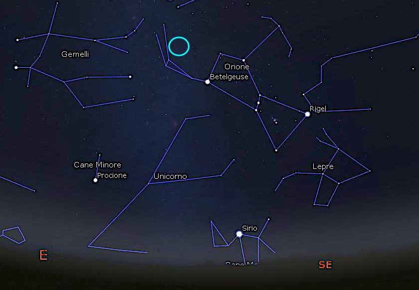 Con il cerchio celeste abbiamo evidenziato la posizione sulla volta celeste del radiante delle Orionidi, le meteore visibili attorno al 21-22 ottobre. Immagine generata con il software Stellarium