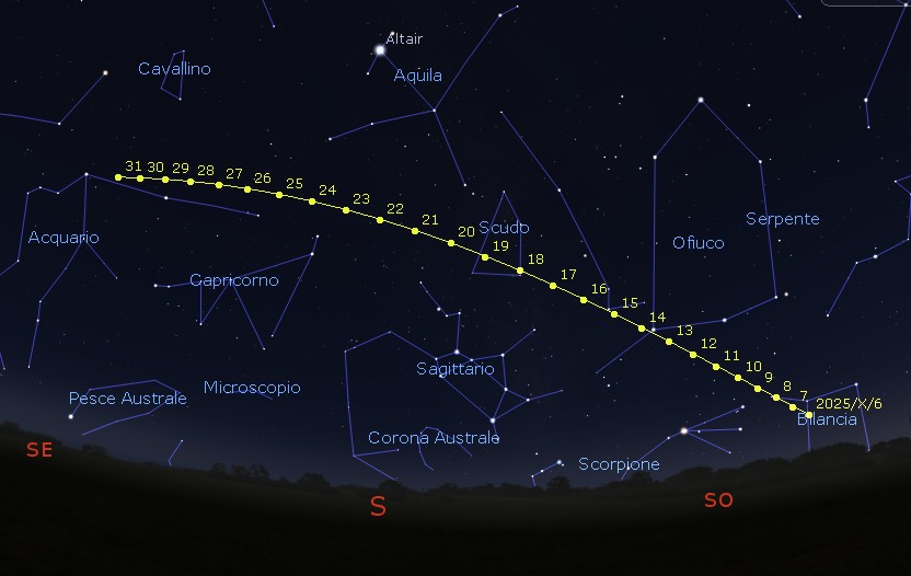 Posizione della cometa C/2025 R2 (SWAN) dal 6 al 31 ottobre (la cometa è indicata dai cerchietti gialli). L’immaginemostra la situazione del cielo attorno alle 20.00. Immagine generata con il software Stellarium.