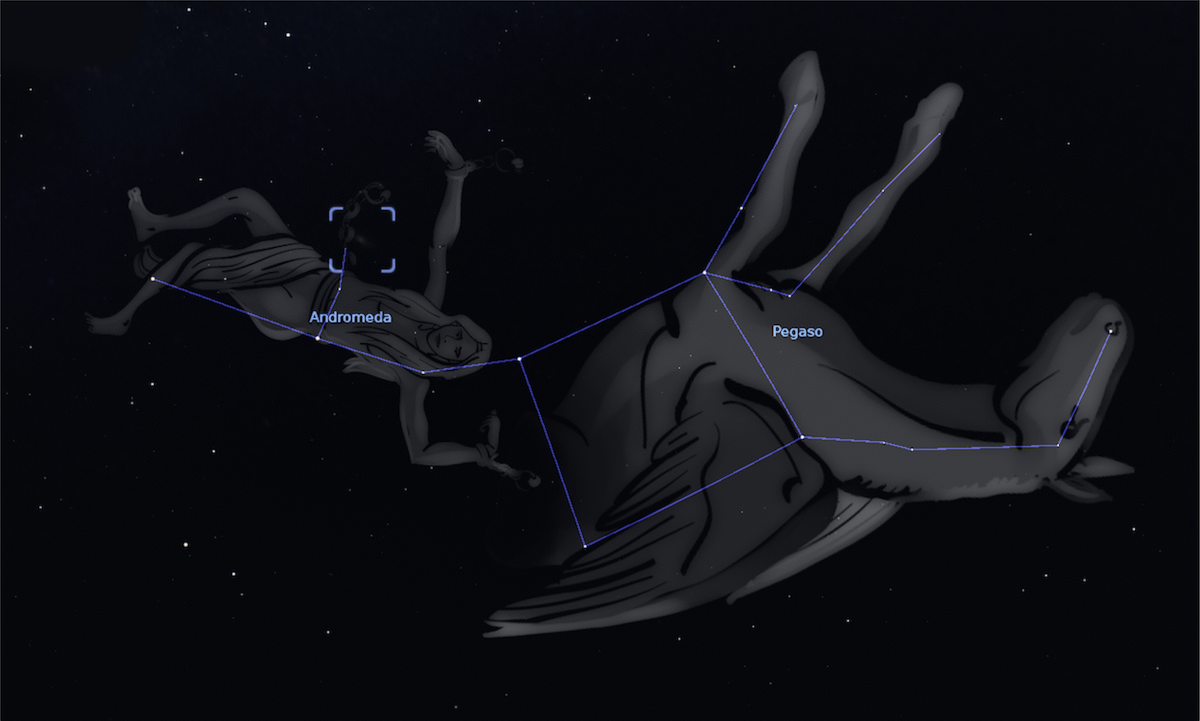 Le costellazioni di Pegaso, a destra, e di Andromeda, a sinistra. Il riquadro azzurro indica la posizione di M31, la galassia di Andromeda. Credit: immagine generata con il software Stellarium