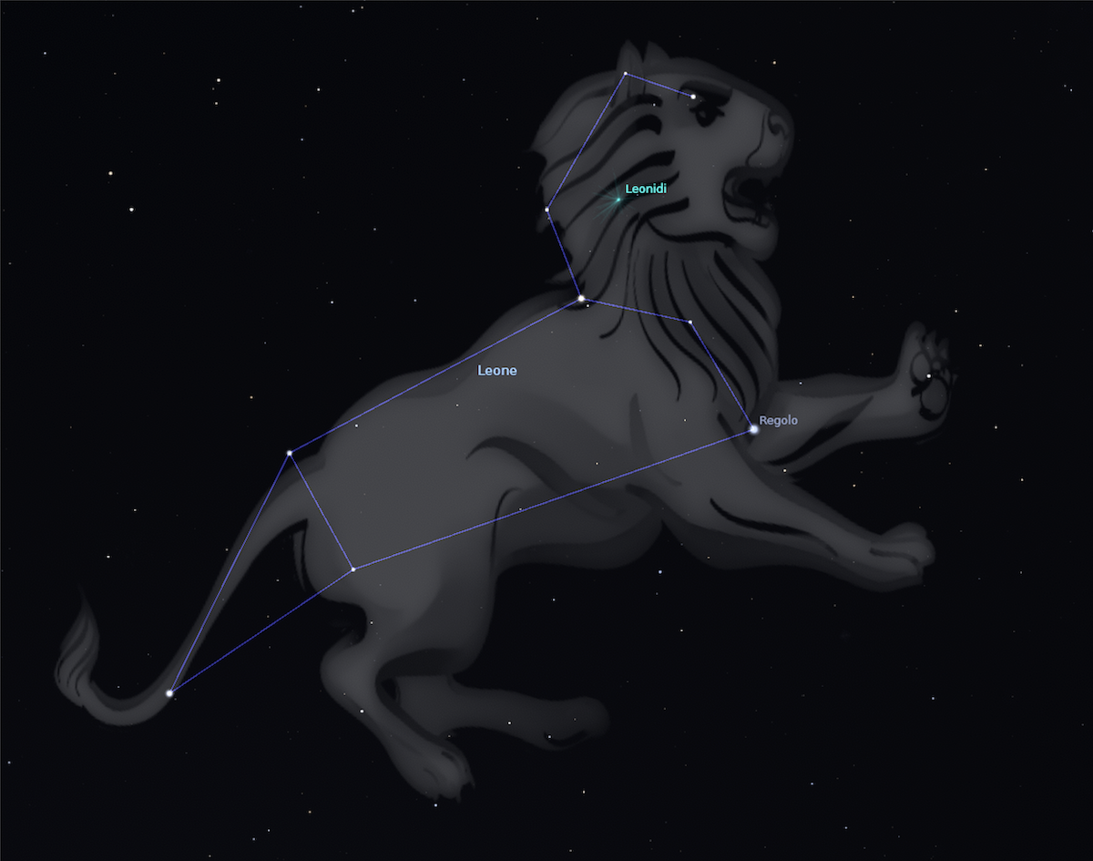Il radiante delle Leonidi, nella costellazione del Leone, è indicato dal punto azzurro nell’immaginaria criniera del grande felino celeste. Credit: immagine generata con il software Stellarium