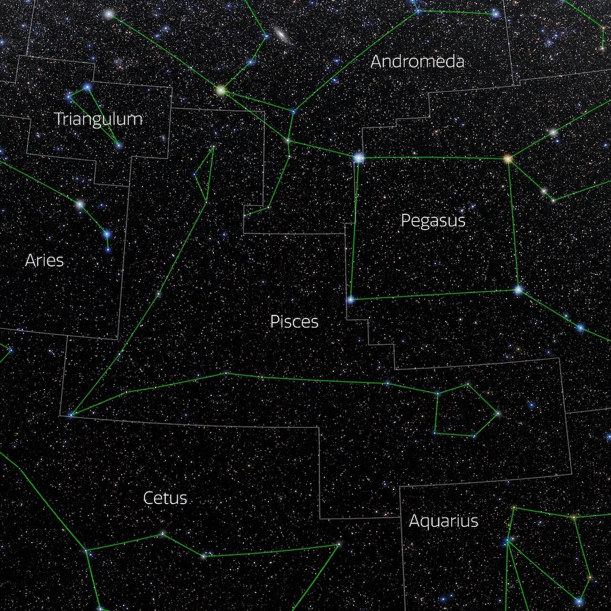 Foto della costellazione dei Pesci, con sovraimpressi i confini della costellazione (linee chiare) e un possibile disegno (linee verdi). L’immagine è tratta dal sito web 88 Constellations Project dello statunitense NOIRLab. Credit: E. Slawik/NOIRLab/NSF/AURA/M. Zamani