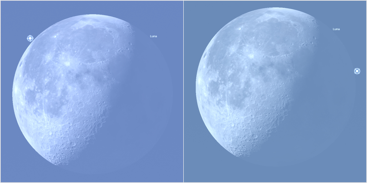 L’occultazione diurna della stella Regolo (individuata dal circoletto) da parte della Luna, osservando il cielo da Roma: l’immagine a sinistra ricostruisce l’inizio del fenomeno, attorno alle ore 08.50, appena prima che la stella scompaia dietro il bordo illuminato della Luna calante, mentre in quella a destra la vediamo emergere dal bordo in ombra attorno alle ore 09.50. Credit: immagine generata con il software Stellarium