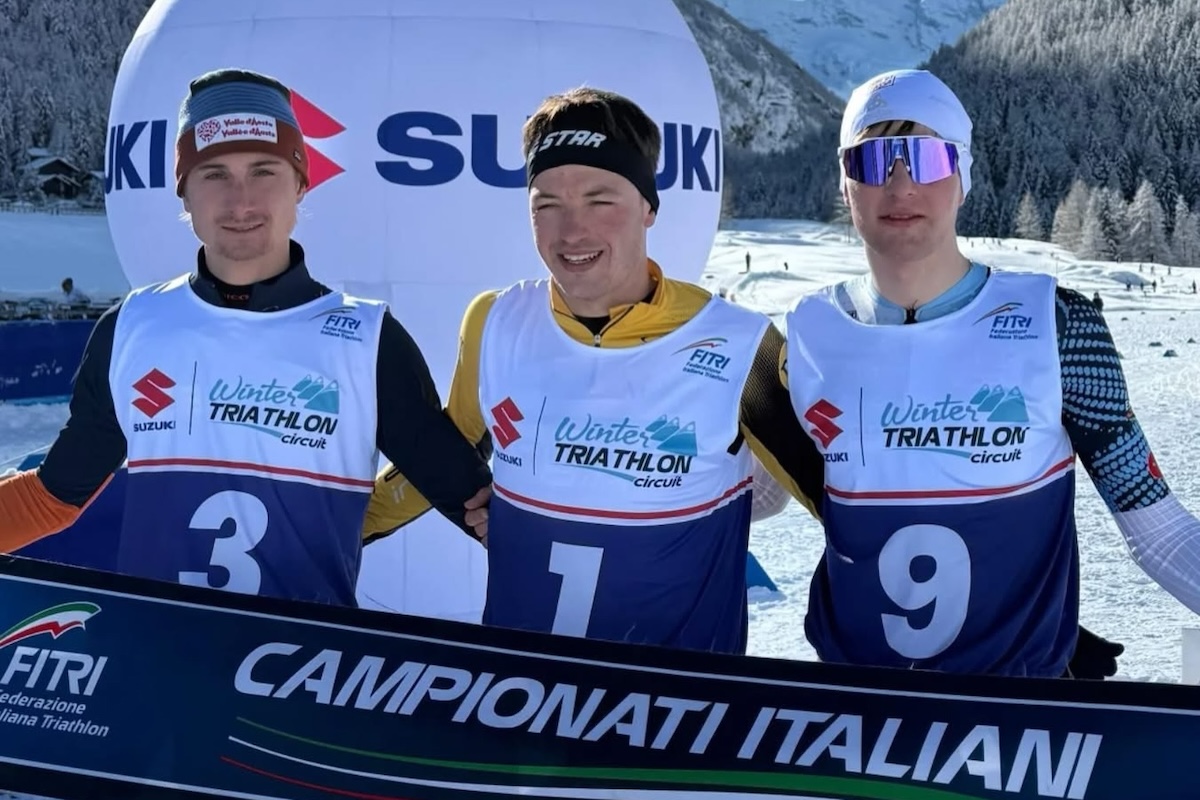 Il podio maschile al Gran Paradiso Winter Triathlon 2026 a Cogne
