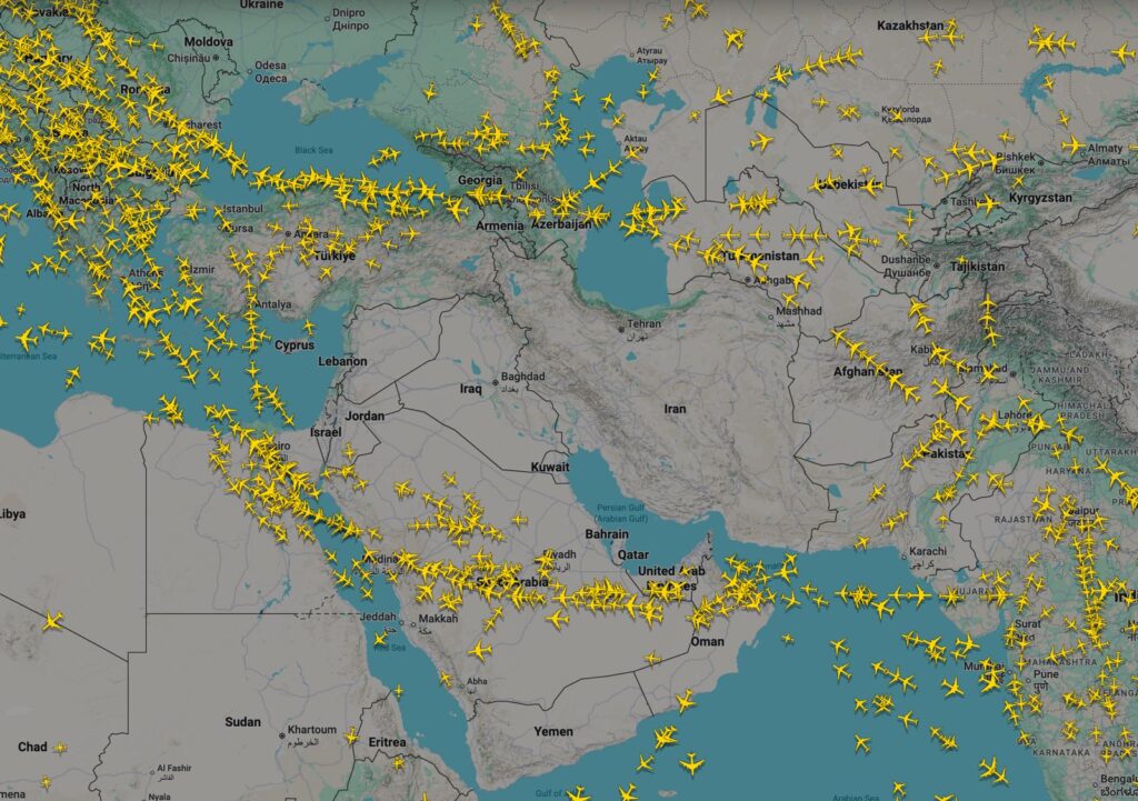 La situazione dei voli aerei da Flightradar 24