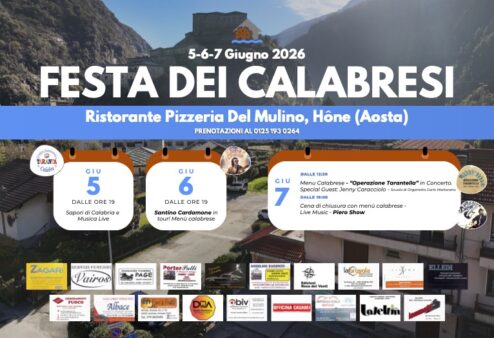 Festa dei Calabresi 2026: tre giorni di sapori, musica e tradizione al Ristorante Pizzeria Del Mulino di Hône