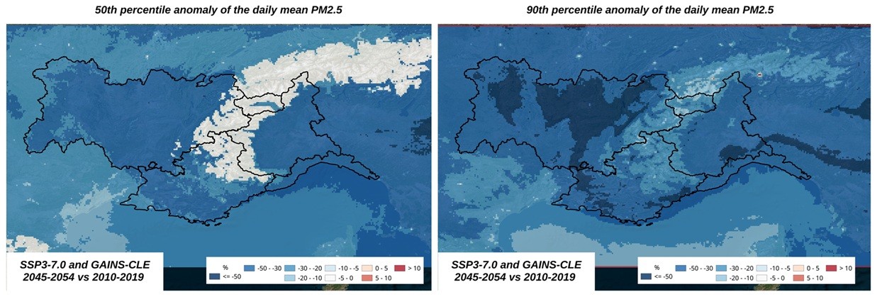 Tendenza al 2050 delle concentrazioni di PM2.5: le mappe rappresentano la differenza percentuale tra le concentrazioni previste al 2050 e quelle osservate nella situazione di riferimento