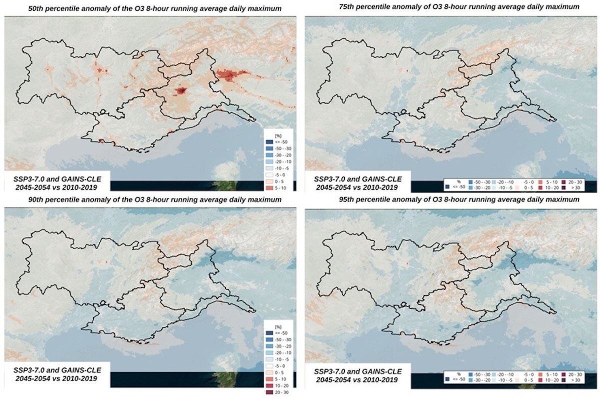 Tendenza al 2050 delle concentrazioni di ozono: le mappe rappresentano la differenza percentuale tra le concentrazioni previste al 2050 e quelle osservate nella situazione di riferimento