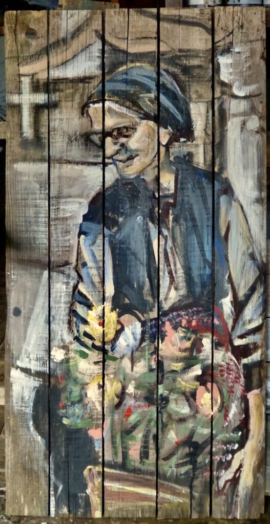 nonna e fiori tecnica mista su tavole