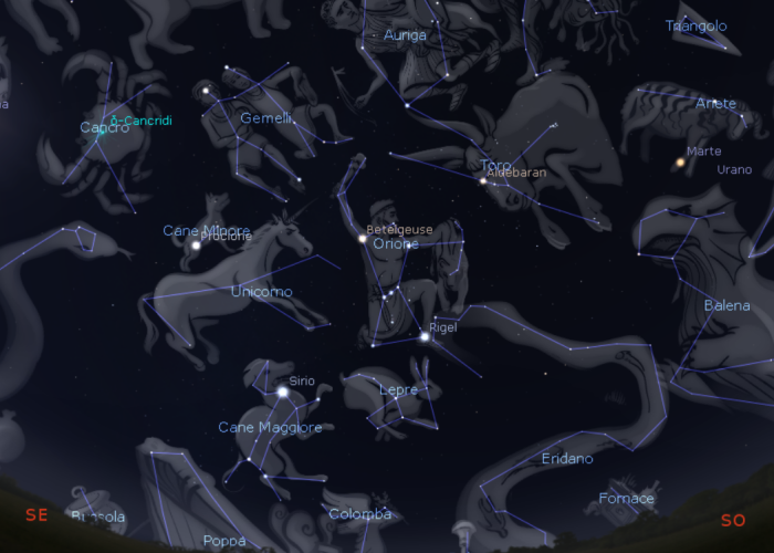 Il cielo visibile stasera, alle ore 21.30, dalla Valle d’Aosta (meteo e montagne
permettendo) mostra le principali costellazioni invernali