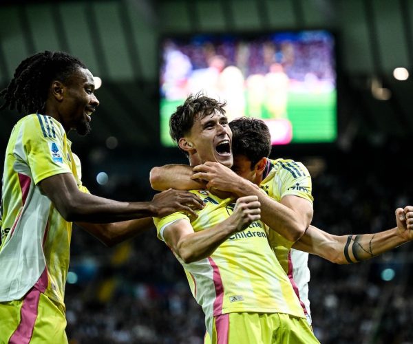 Nicolò Savona esulta dopo il gol del 2 a 0 della Juventus contro l'Udinese