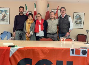 La nuova segreteria della Cgil VdA. Da sx Graziola, D’Agostino, Gaillard, De Belli e Matterana