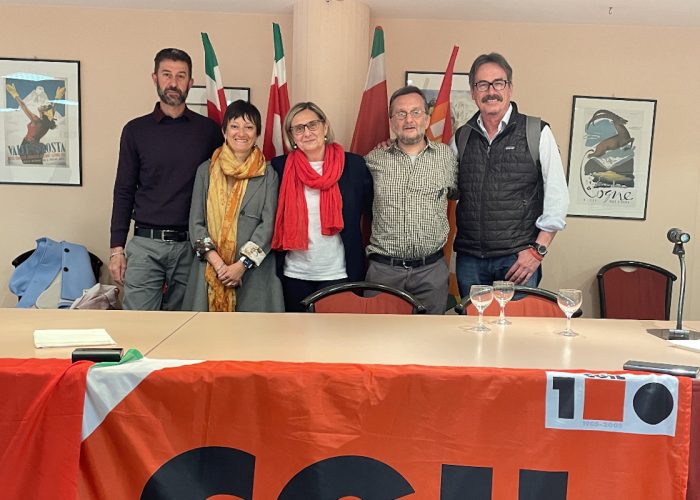 La nuova segreteria della Cgil VdA. Da sx Graziola, D’Agostino, Gaillard, De Belli e Matterana