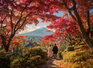 Autumn Couple Views Mount Fuji Through Red Maple Trees