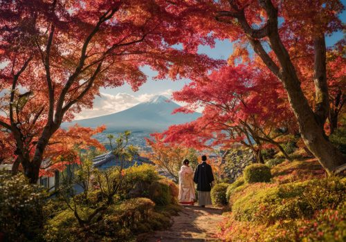 Autumn Couple Views Mount Fuji Through Red Maple Trees