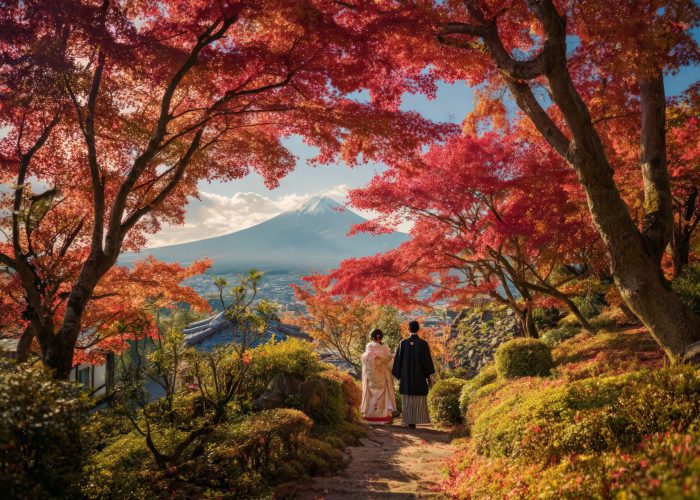 Autumn Couple Views Mount Fuji Through Red Maple Trees
