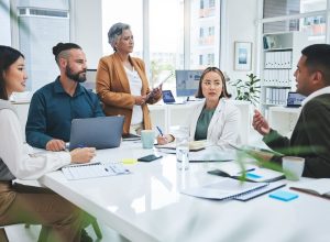 PCB - Business people, manager presentation and planning, teamwork or discussion for project proposal or marketing Professional boss and group of men and women talking, questions and design collaboration