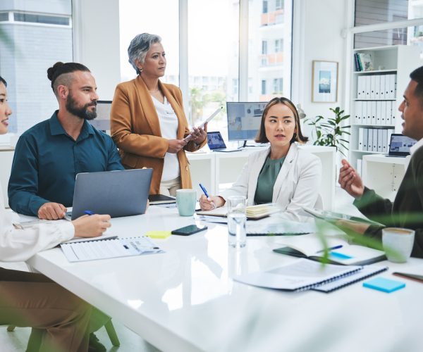 PCB - Business people, manager presentation and planning, teamwork or discussion for project proposal or marketing Professional boss and group of men and women talking, questions and design collaboration