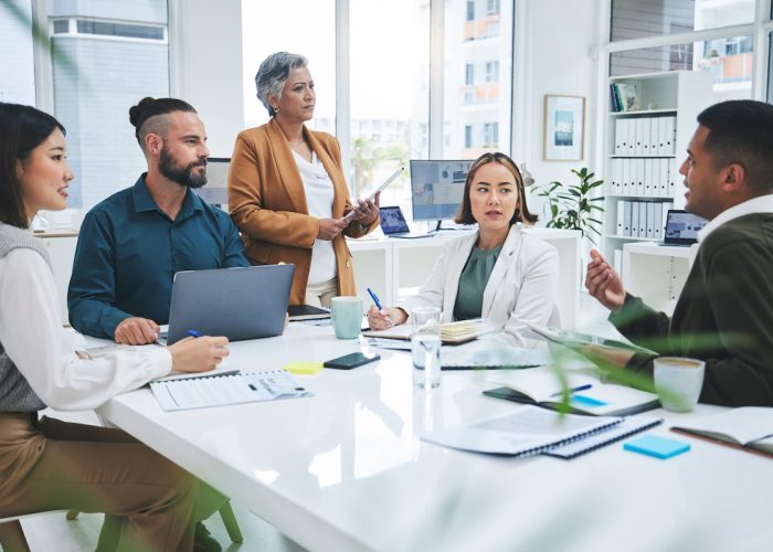 PCB - Business people, manager presentation and planning, teamwork or discussion for project proposal or marketing Professional boss and group of men and women talking, questions and design collaboration