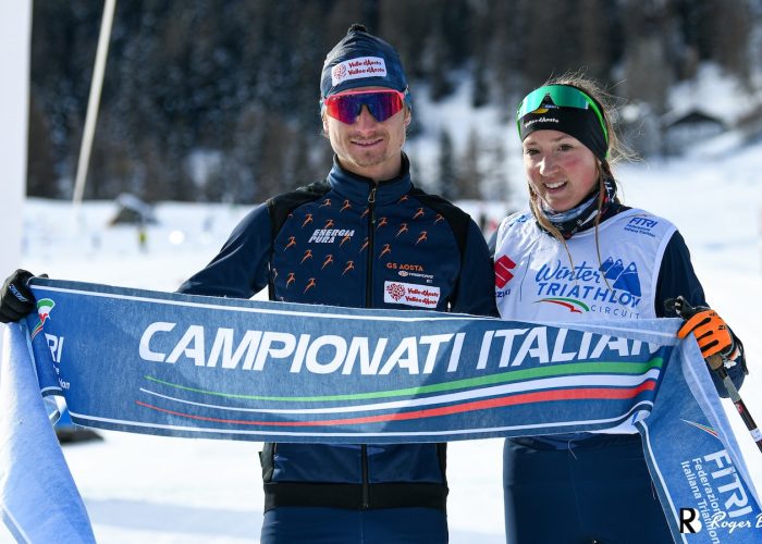 Alessandro Saravalle e Axelle Vicari foto Roger Berthod Facebook Gran Paradiso Winter Triathlon