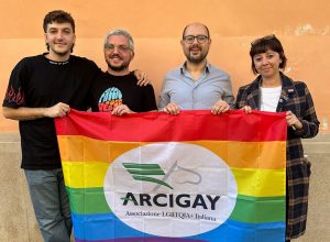 Pietro Turano, attore e consigliere di Arcigay Roma, Giulio Gasperini, presidente di Arcigay Valle d'Aosta, Claudio Tosi, responsabile Cultura di Arcigay nazionale e Simona Iovane, consigliera di Arcigay L'Aquila.