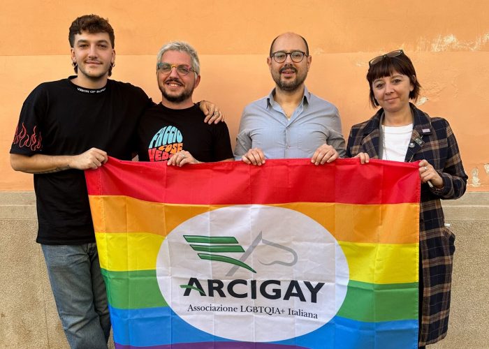 Pietro Turano, attore e consigliere di Arcigay Roma, Giulio Gasperini, presidente di Arcigay Valle d'Aosta, Claudio Tosi, responsabile Cultura di Arcigay nazionale e Simona Iovane, consigliera di Arcigay L'Aquila.