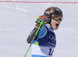 Federica Brignone dopo la prima manche dello Slalom Gigante olimpico