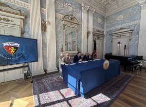 La presentazione degli eventi dell'Union Valdôtaine. Da sx: Martinet, Farcoz, Caveri e Hugonin