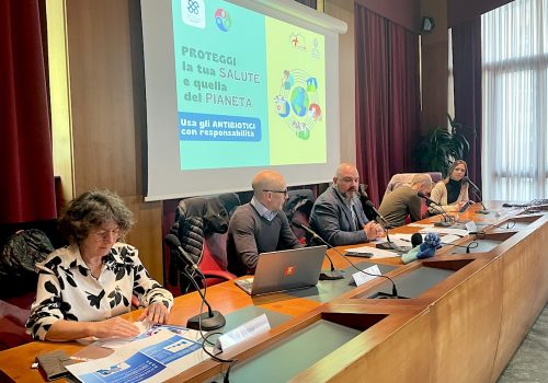 La conferenza stampa sull'uso degli antibiotici. Da sx, Ganio, Rubbo, Marzi, Luboz e Perri