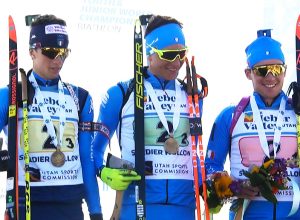 Nicolò Bétemps primo a sx nella staffetta maschile Mondiali giovani biathlon foto FISI