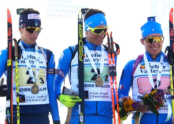 Nicolò Bétemps primo a sx nella staffetta maschile Mondiali giovani biathlon foto FISI